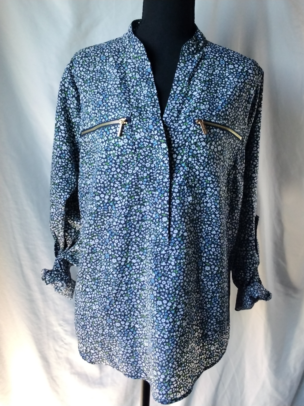 Michael Kors Blue Floral Zip-Pocket Blouse